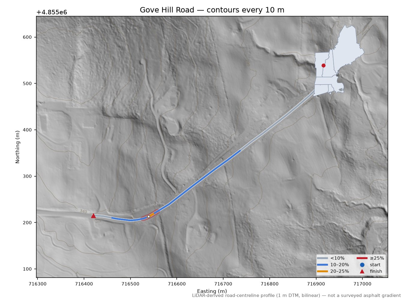 Gove Hill Road LiDAR hillshade map with contours