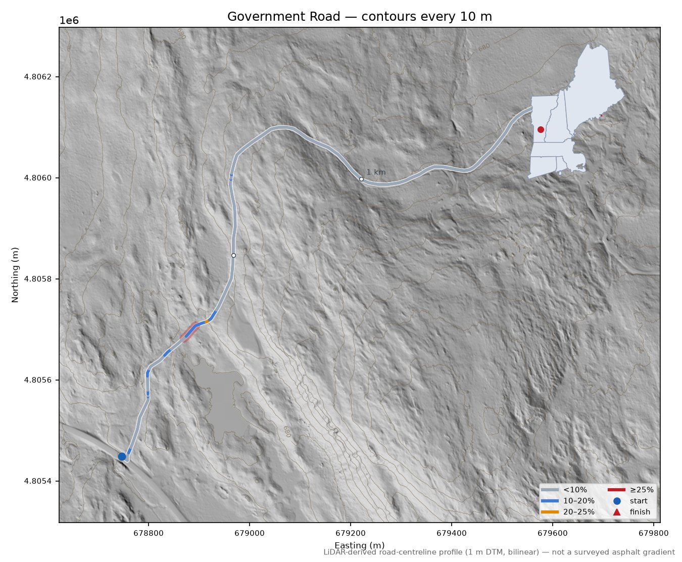 Government Road LiDAR hillshade map with contours
