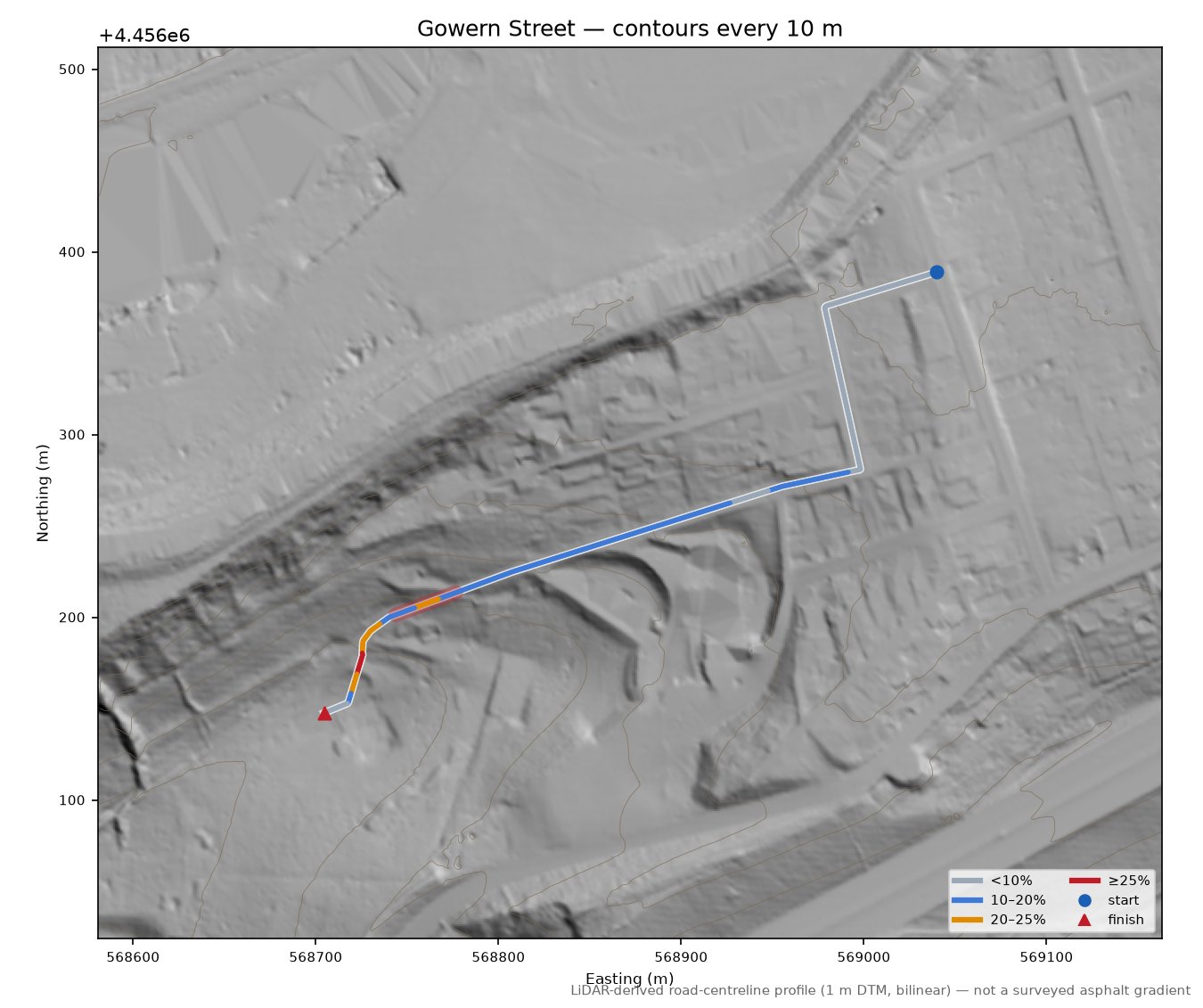 Gowern Street LiDAR hillshade map with contours