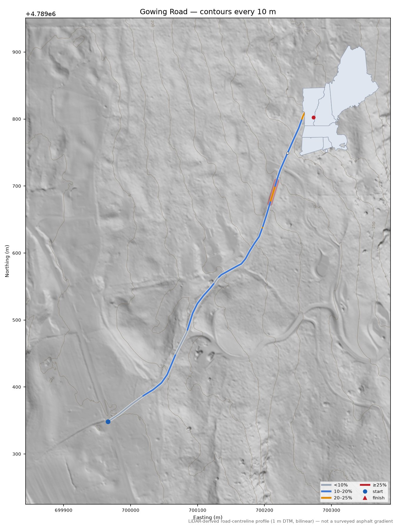 Gowing Road LiDAR hillshade map with contours