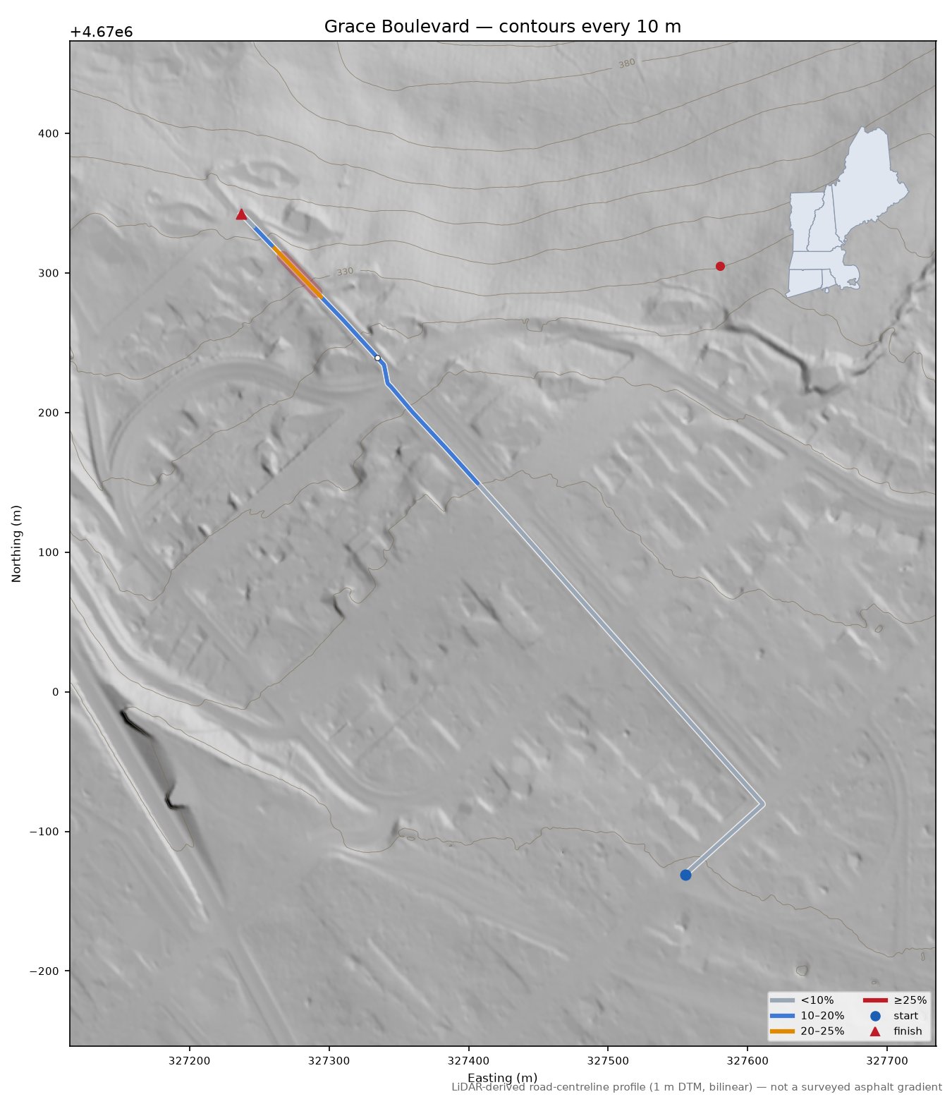 Grace Boulevard LiDAR hillshade map with contours