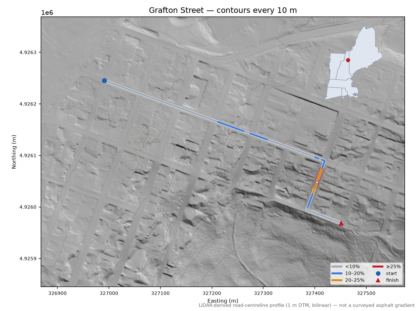 Grafton Street LiDAR hillshade map with contours