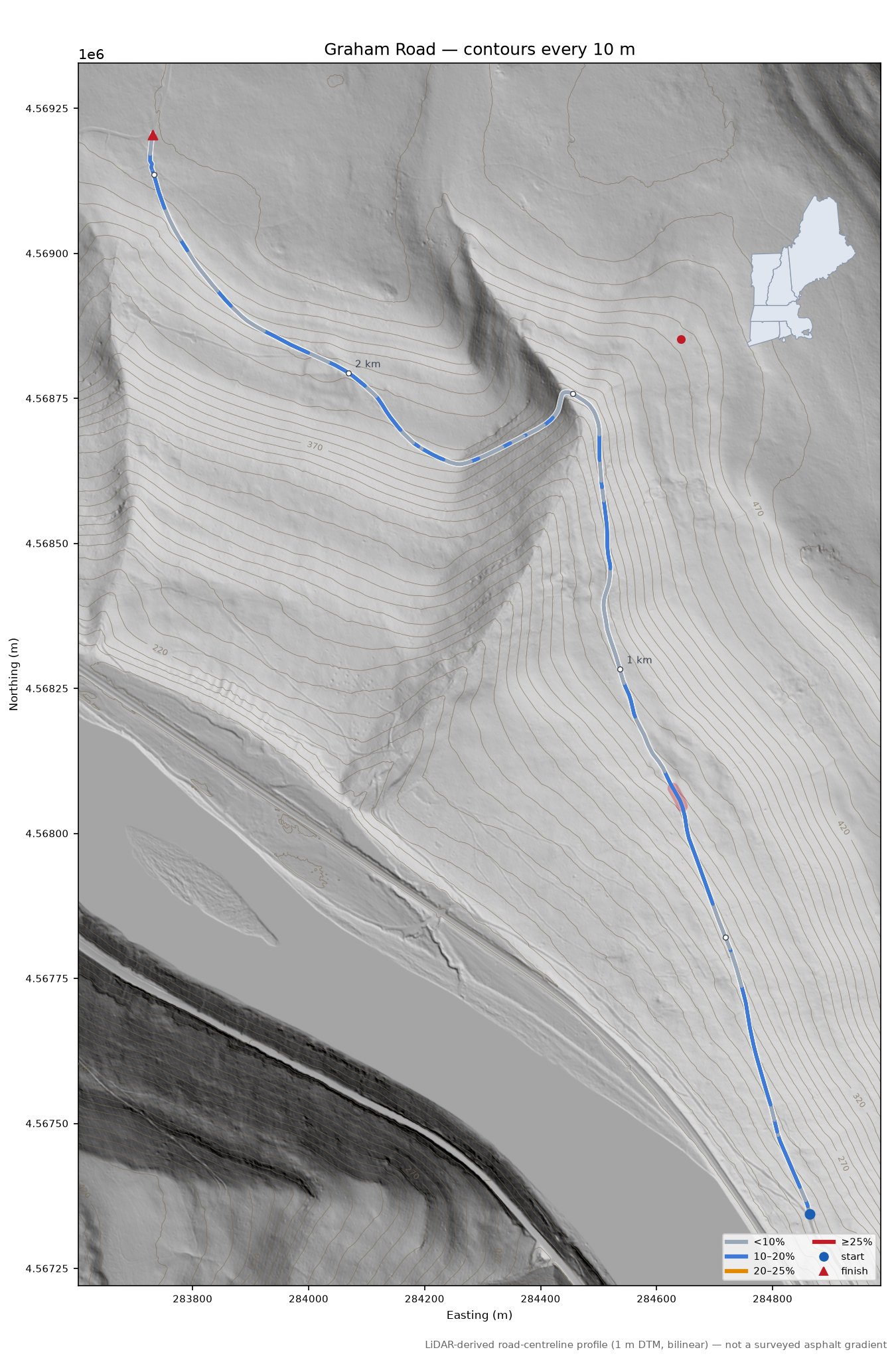Graham Road LiDAR hillshade map with contours
