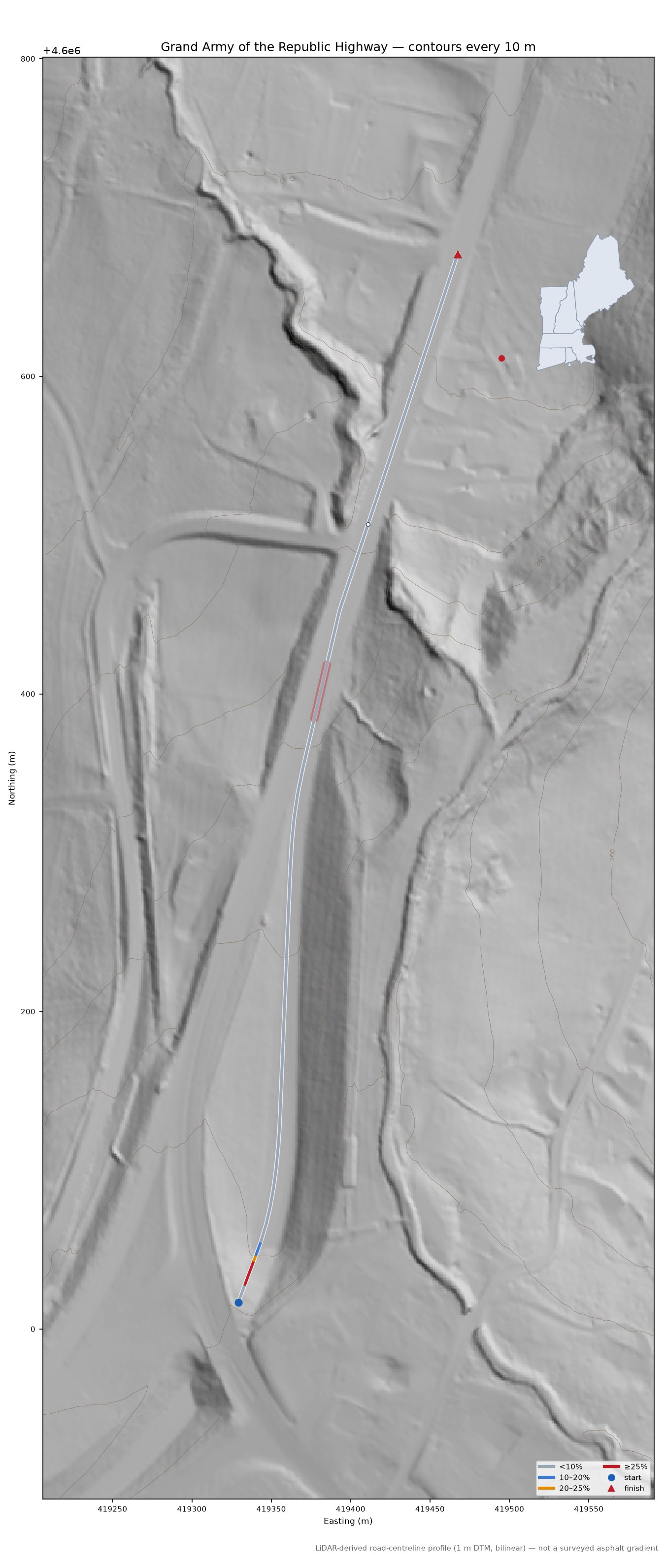 Grand Army of the Republic Highway LiDAR hillshade map with contours