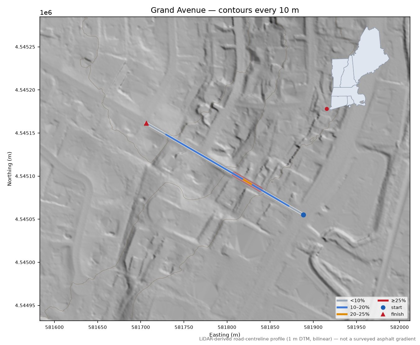Grand Avenue LiDAR hillshade map with contours
