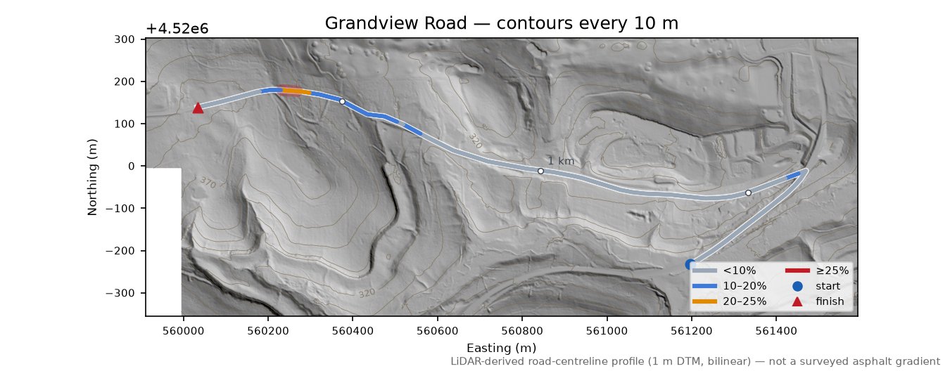 Grandview Road LiDAR hillshade map with contours