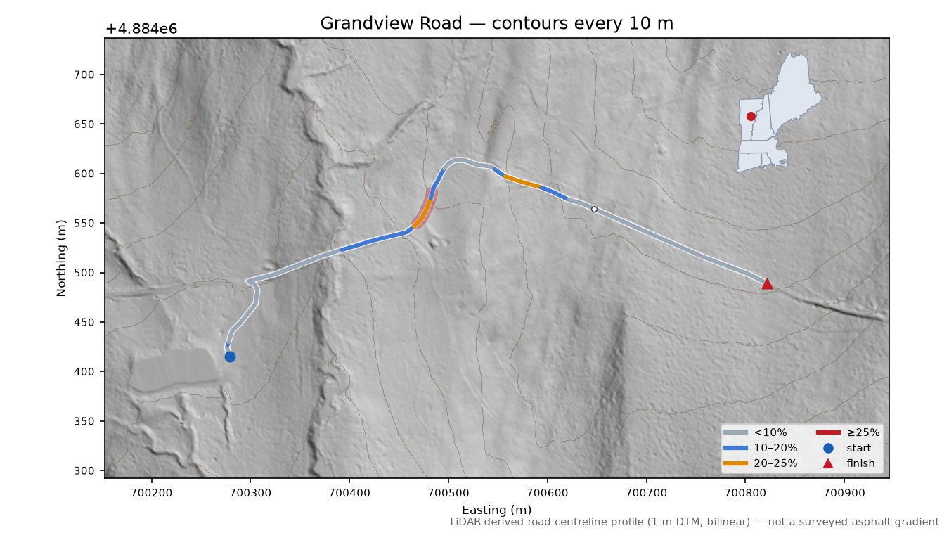 Grandview Road LiDAR hillshade map with contours