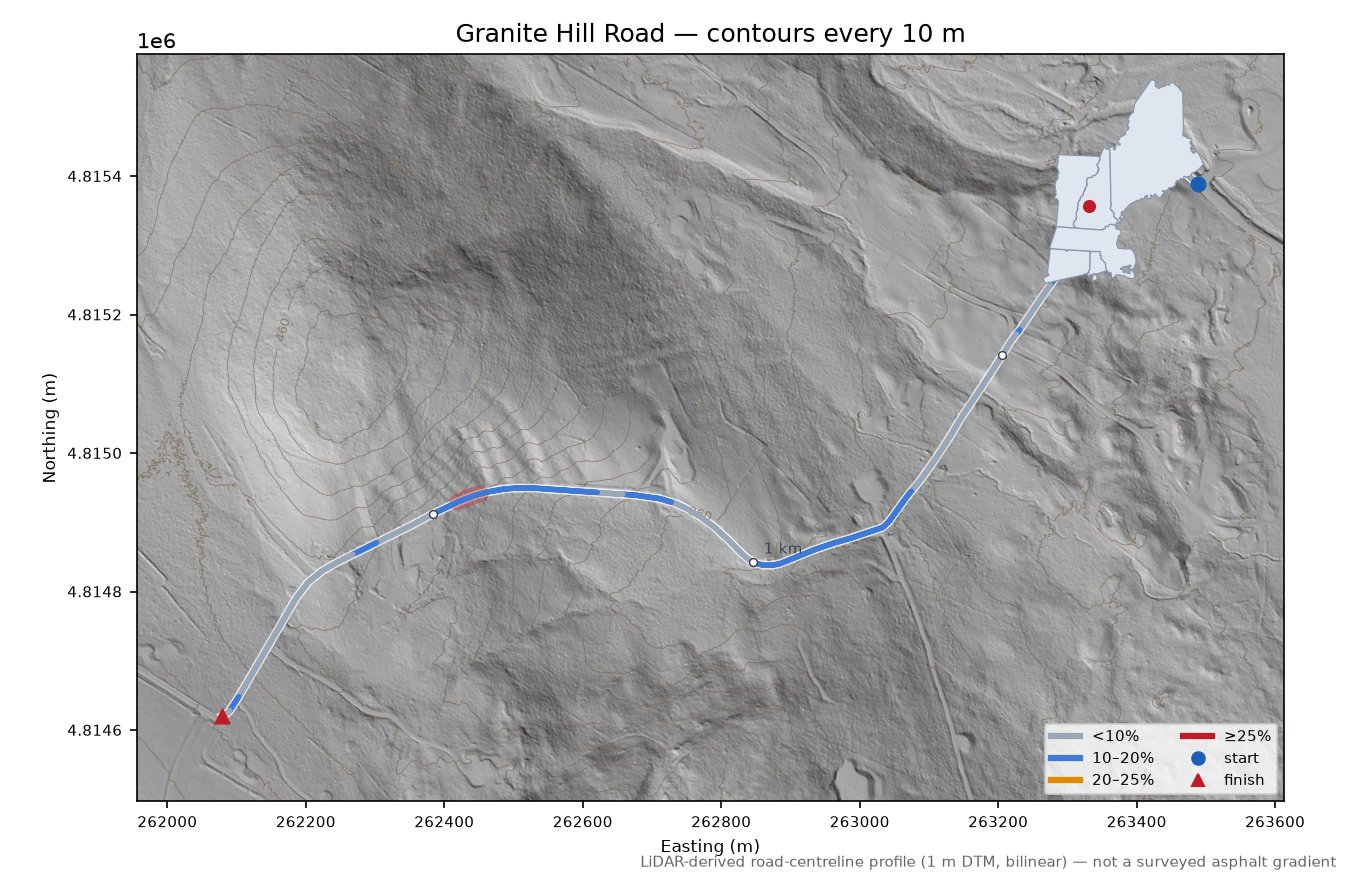 Granite Hill Road LiDAR hillshade map with contours