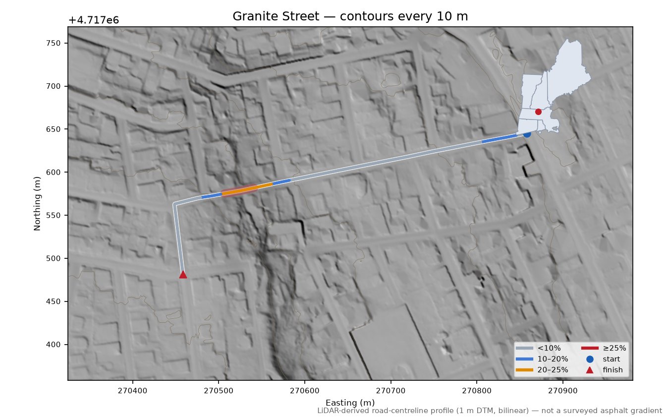 Granite Street LiDAR hillshade map with contours