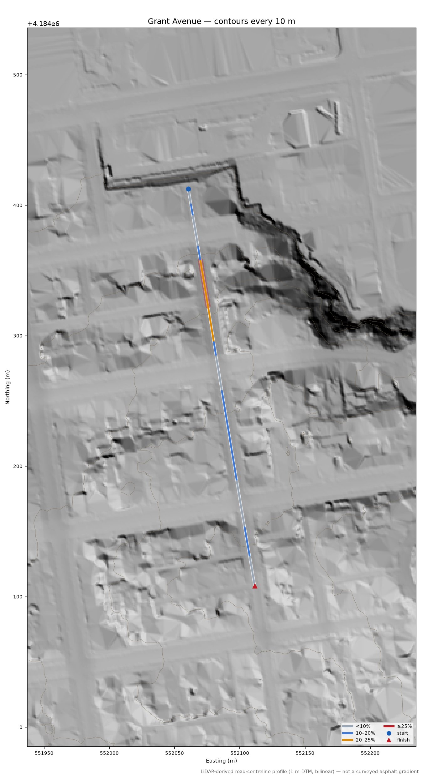Grant Avenue LiDAR hillshade map with contours