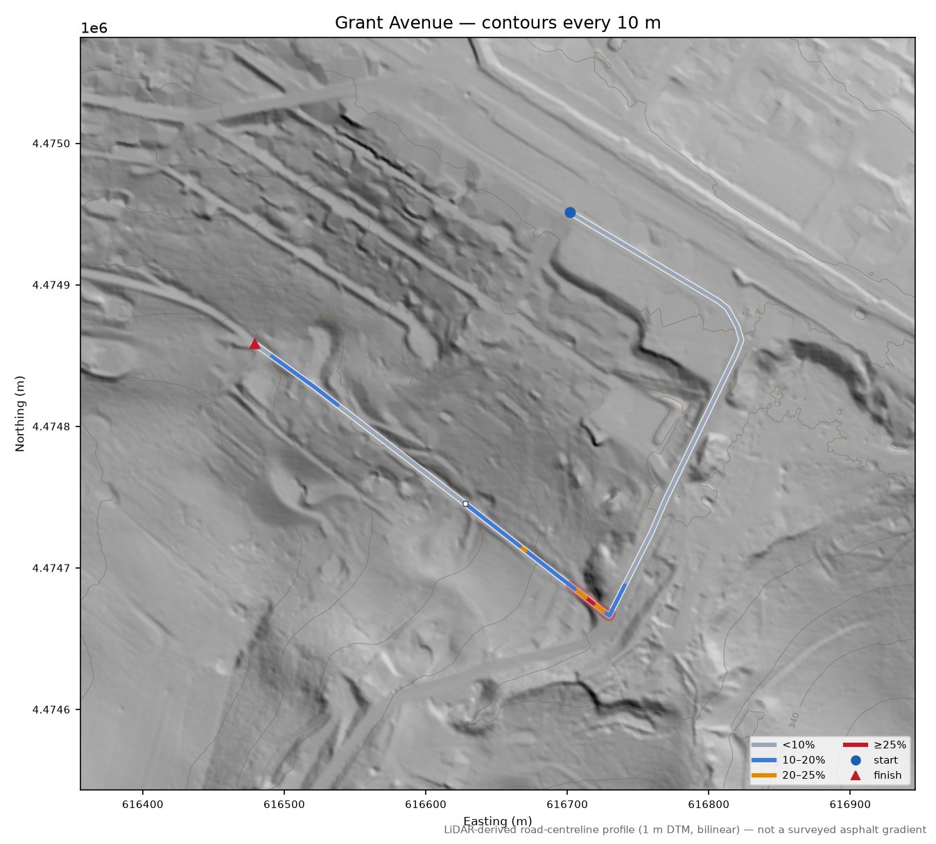 Grant Avenue LiDAR hillshade map with contours