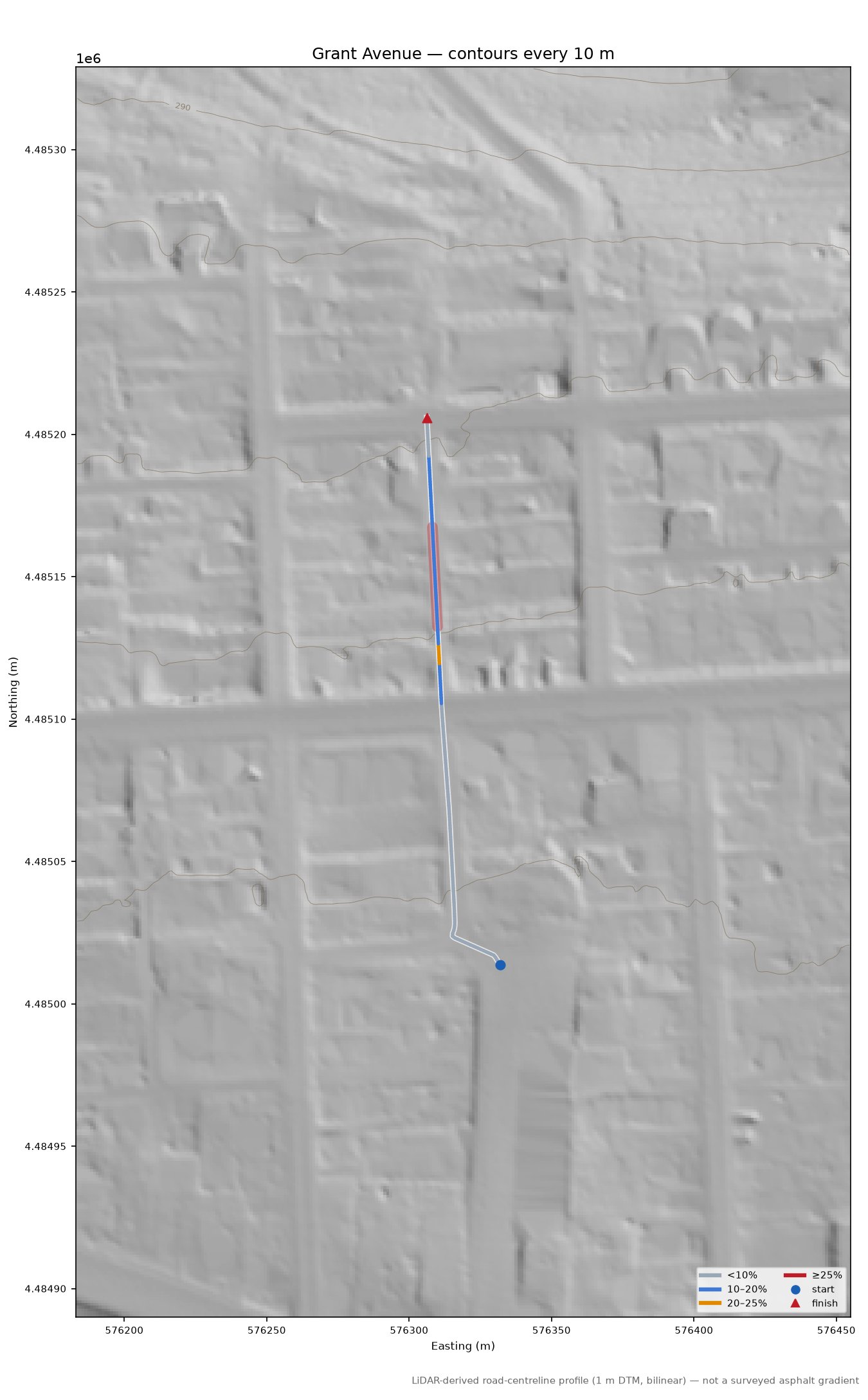 Grant Avenue LiDAR hillshade map with contours