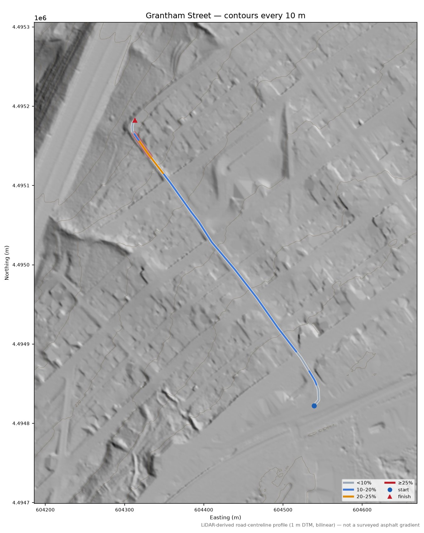 Grantham Street LiDAR hillshade map with contours
