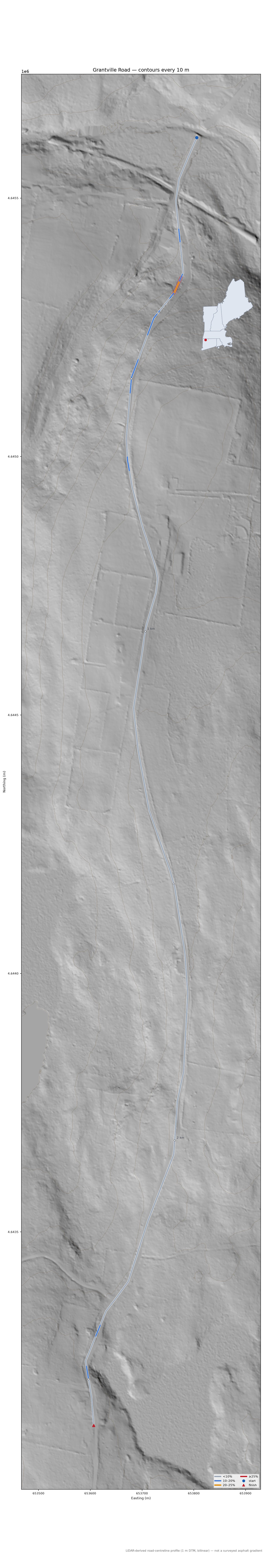 Grantville Road LiDAR hillshade map with contours
