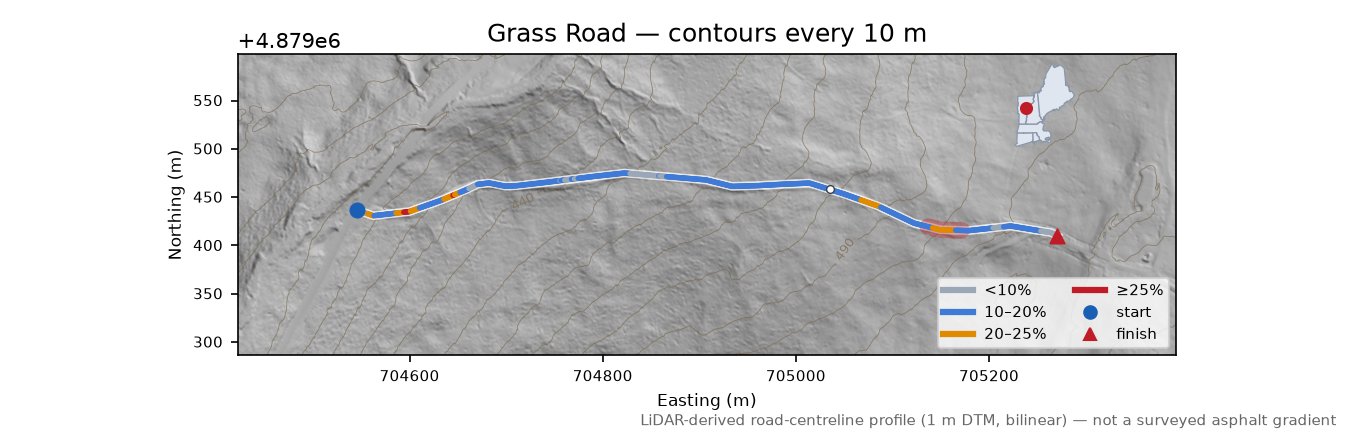 Grass Road LiDAR hillshade map with contours