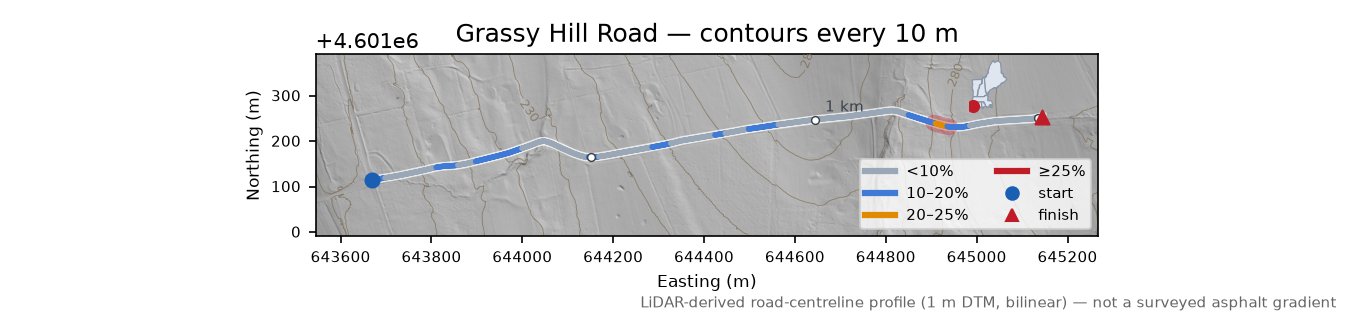 Grassy Hill Road LiDAR hillshade map with contours