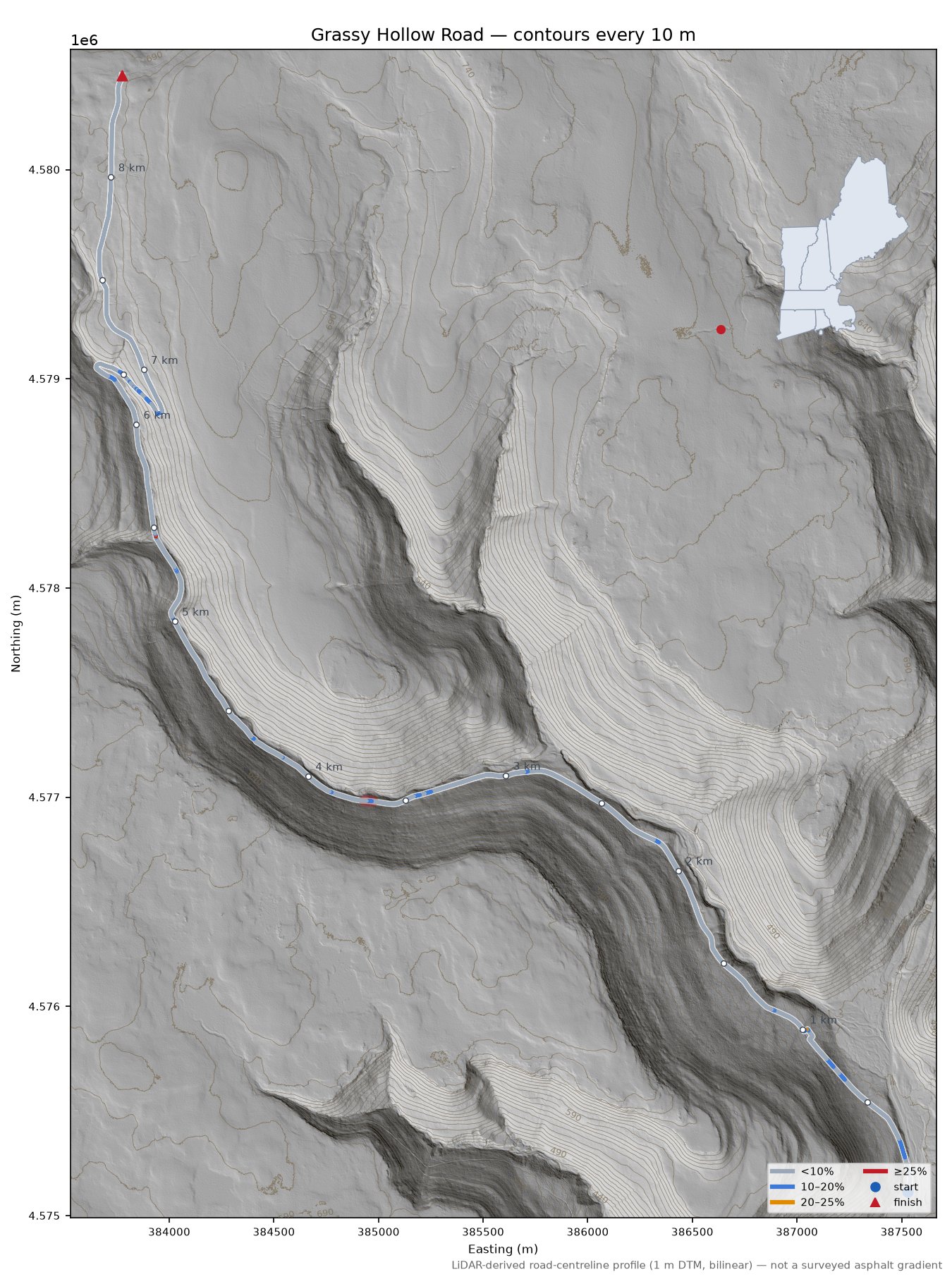 Grassy Hollow Road LiDAR hillshade map with contours