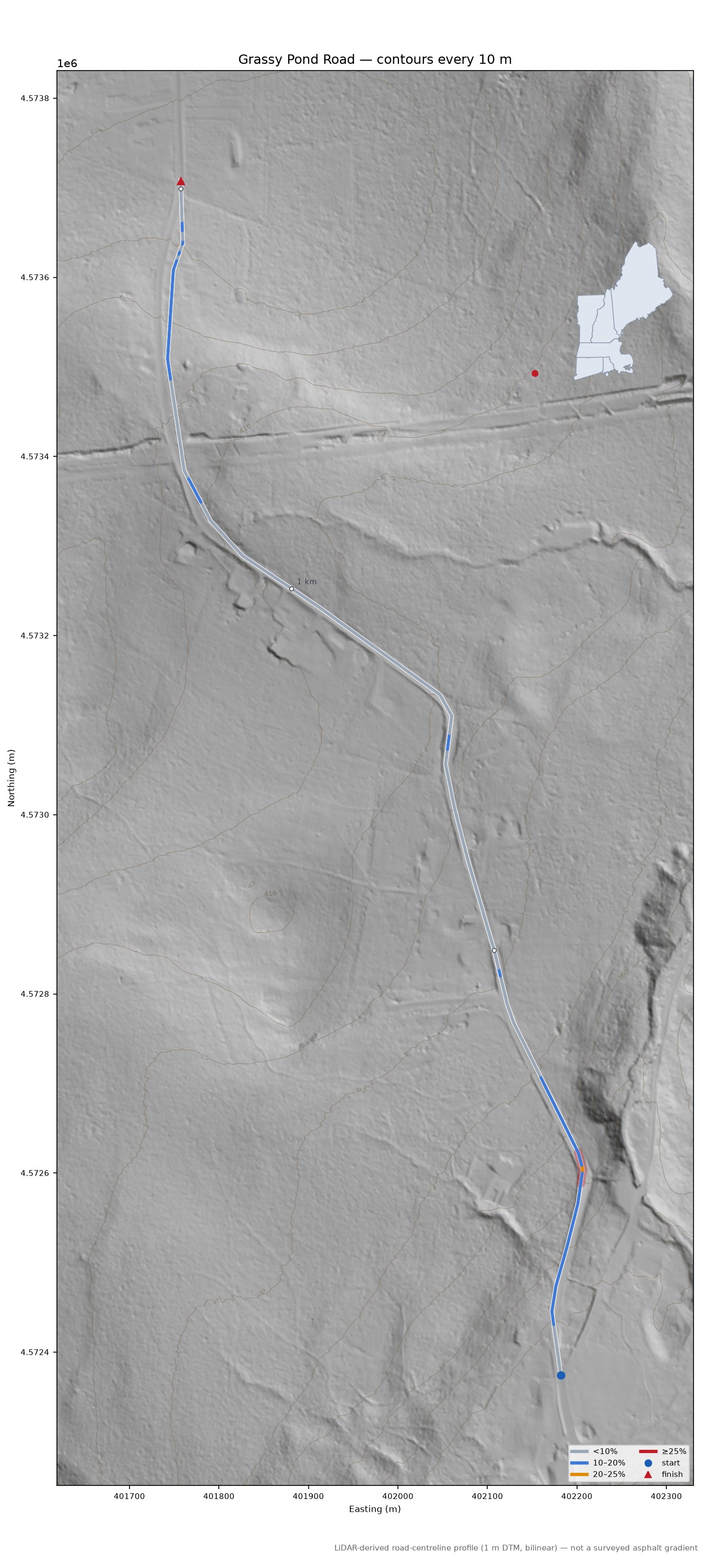 Grassy Pond Road LiDAR hillshade map with contours