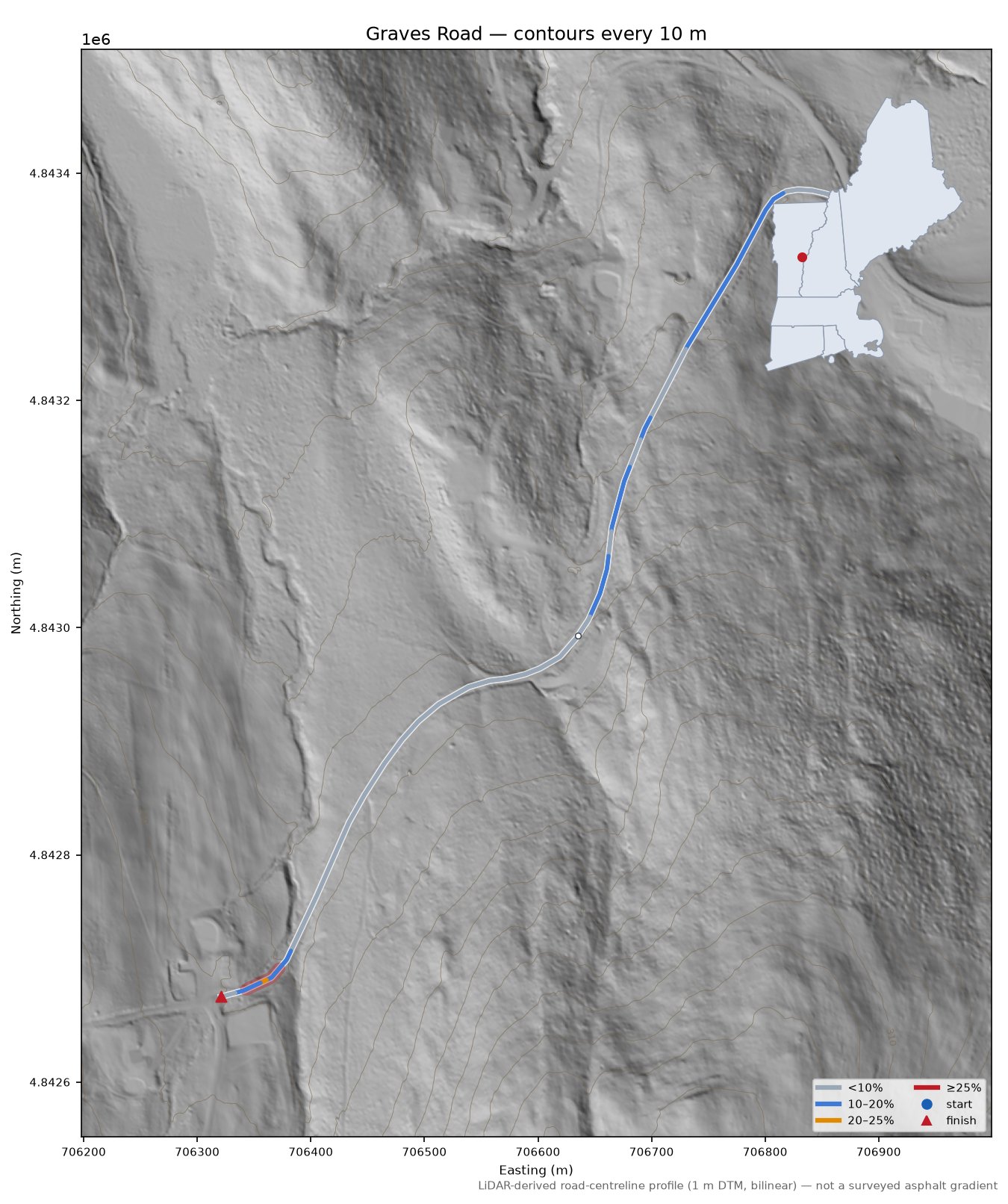 Graves Road LiDAR hillshade map with contours
