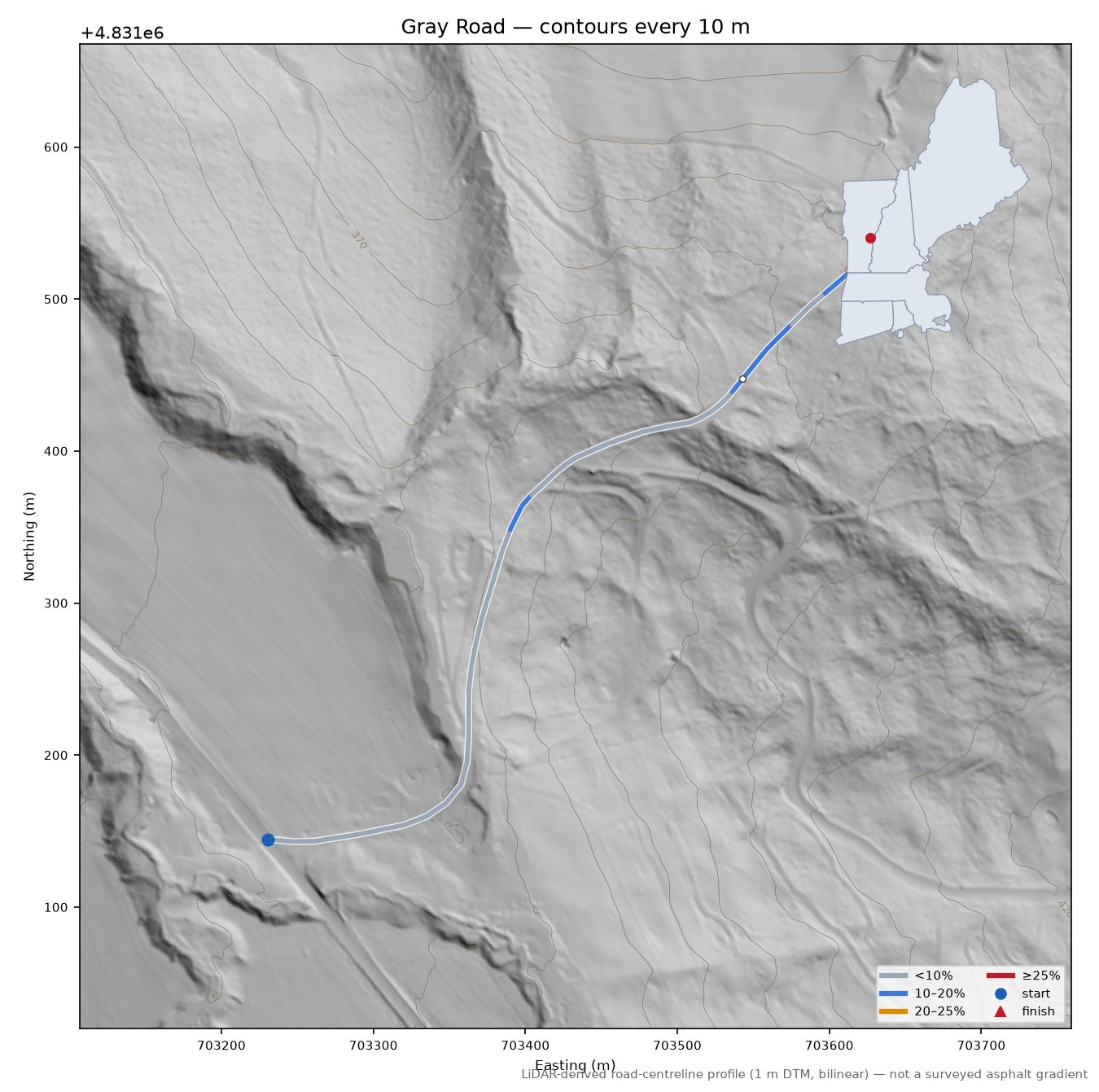 Gray Road LiDAR hillshade map with contours