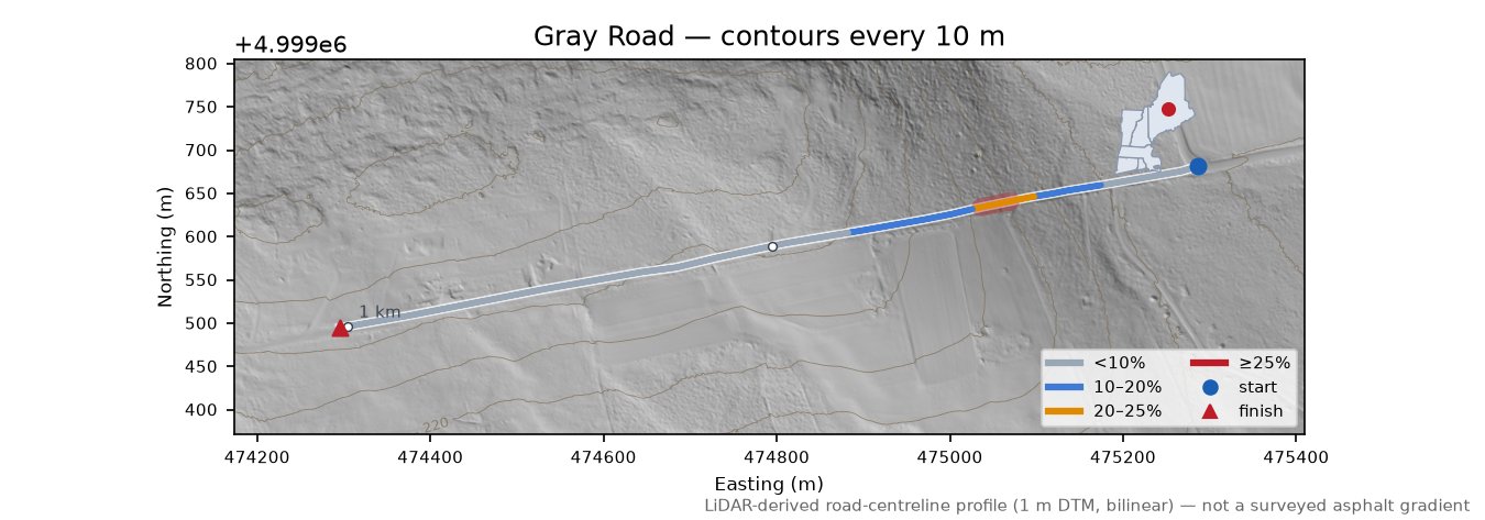Gray Road LiDAR hillshade map with contours