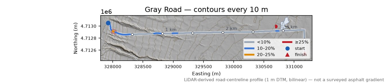 Gray Road LiDAR hillshade map with contours