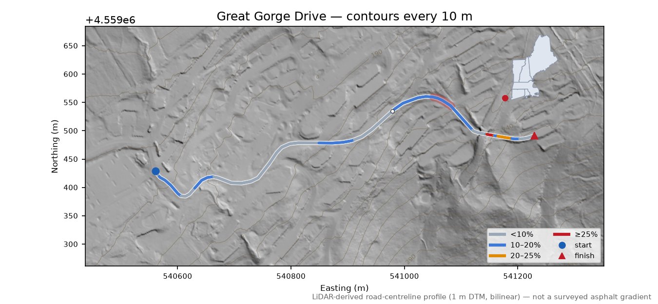 Great Gorge Drive LiDAR hillshade map with contours