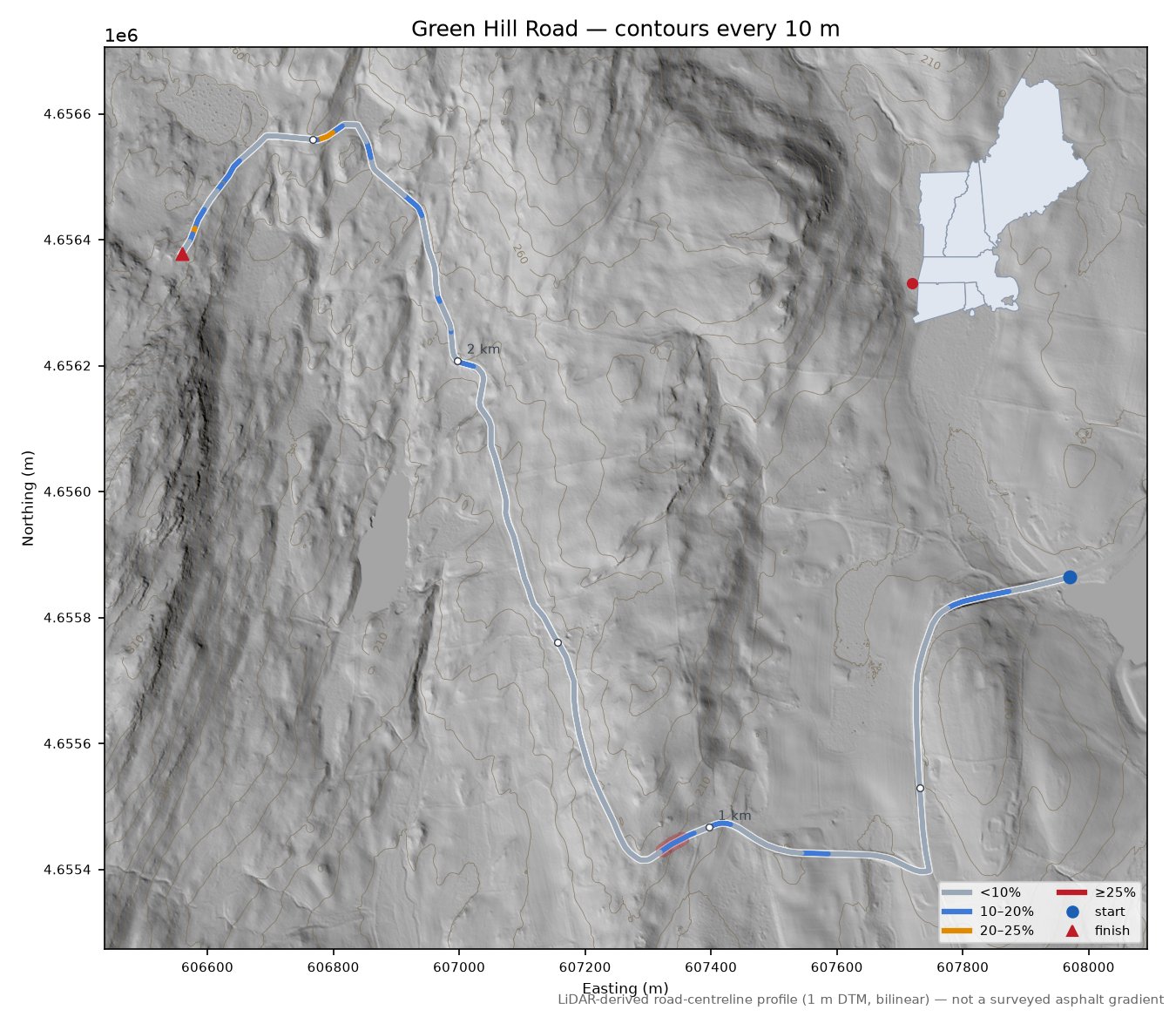 Green Hill Road LiDAR hillshade map with contours
