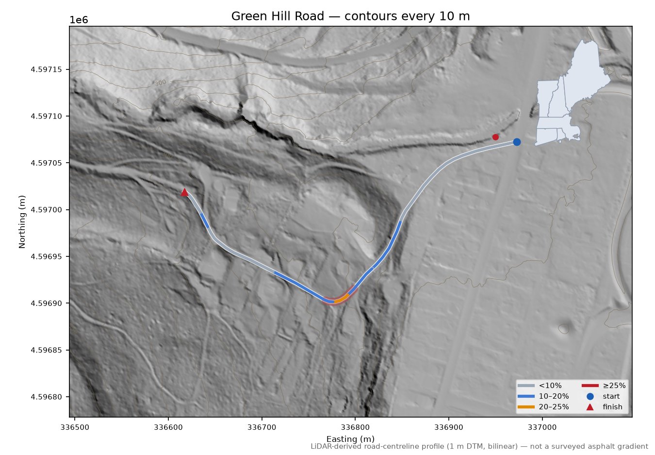 Green Hill Road LiDAR hillshade map with contours