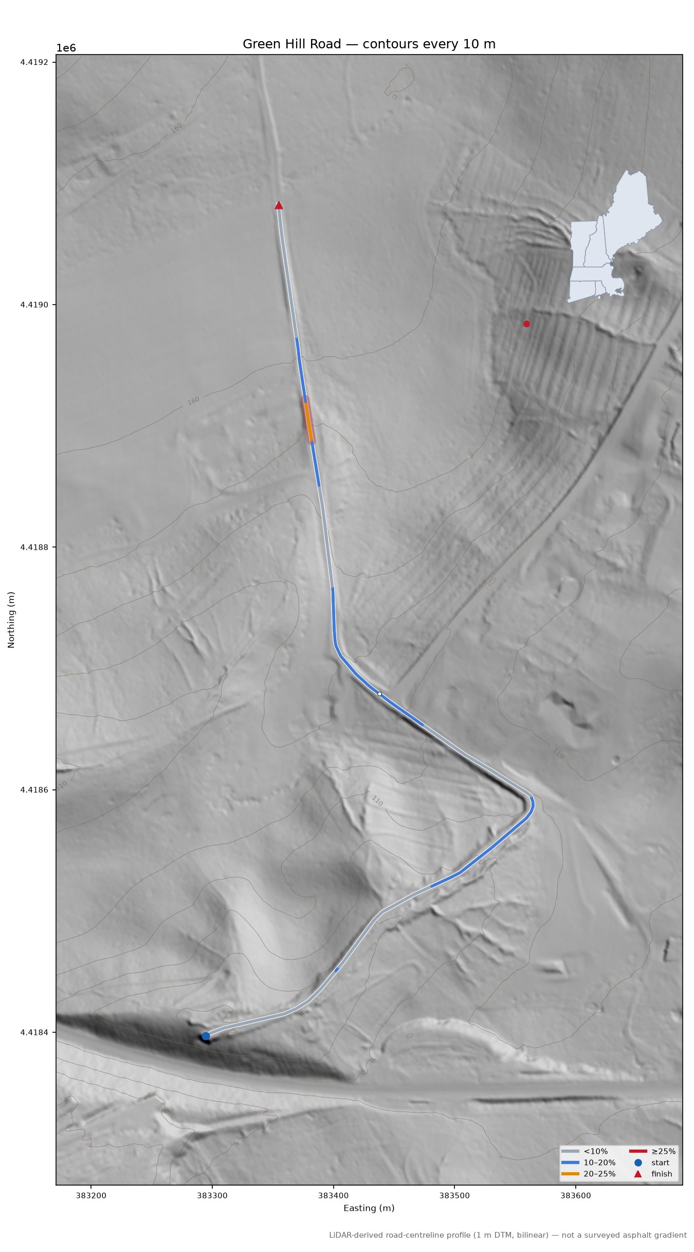 Green Hill Road LiDAR hillshade map with contours
