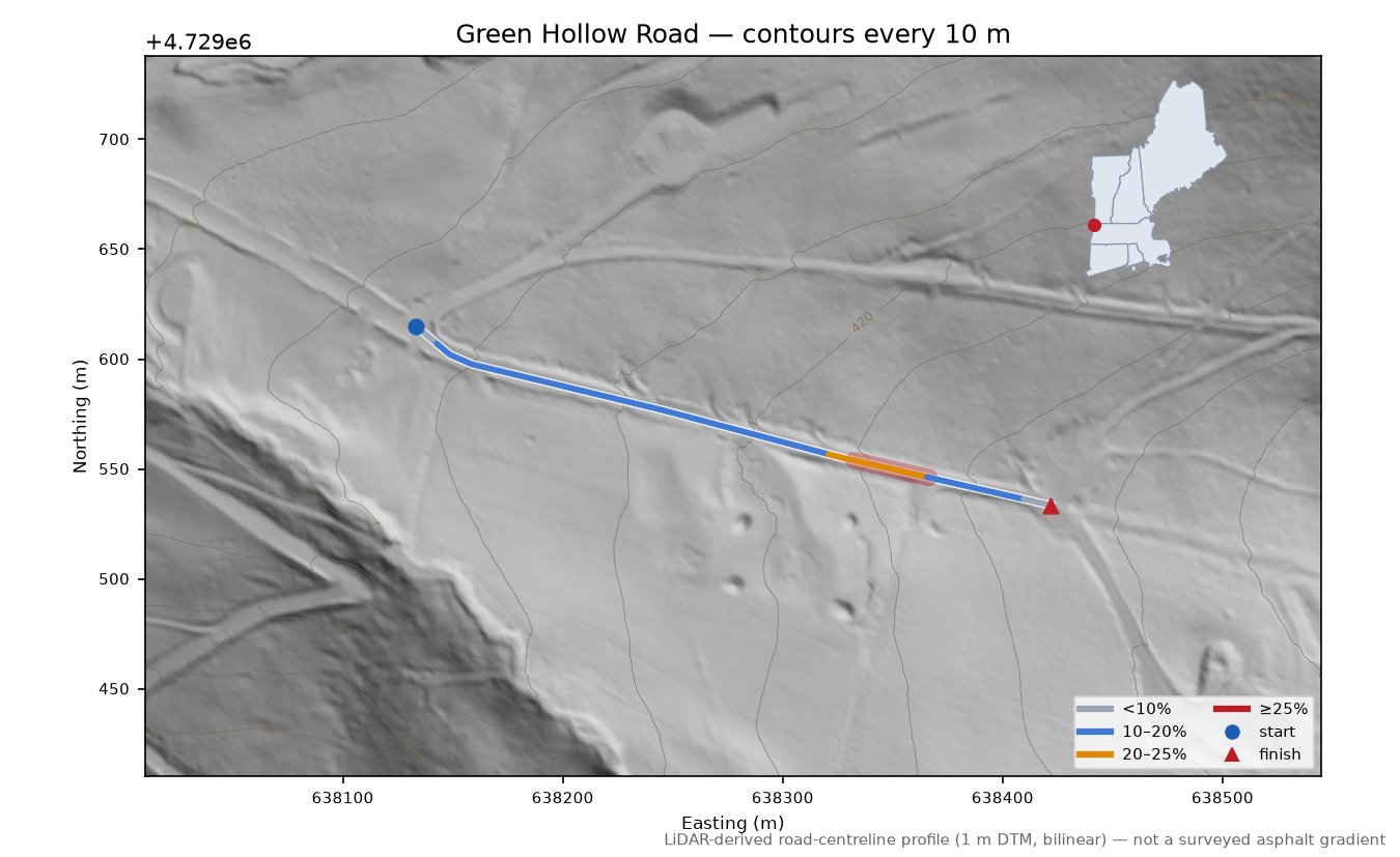 Green Hollow Road LiDAR hillshade map with contours