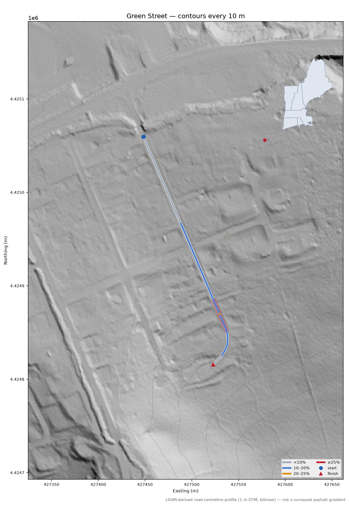 Green Street LiDAR hillshade map with contours