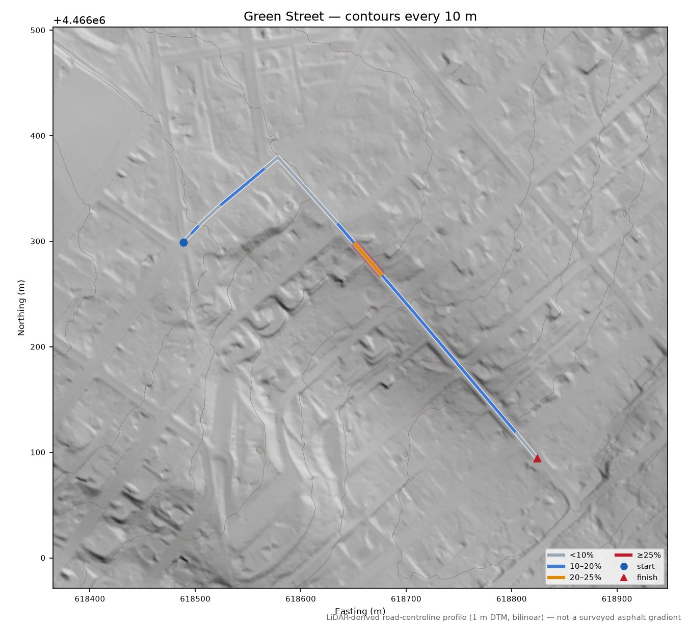 Green Street LiDAR hillshade map with contours