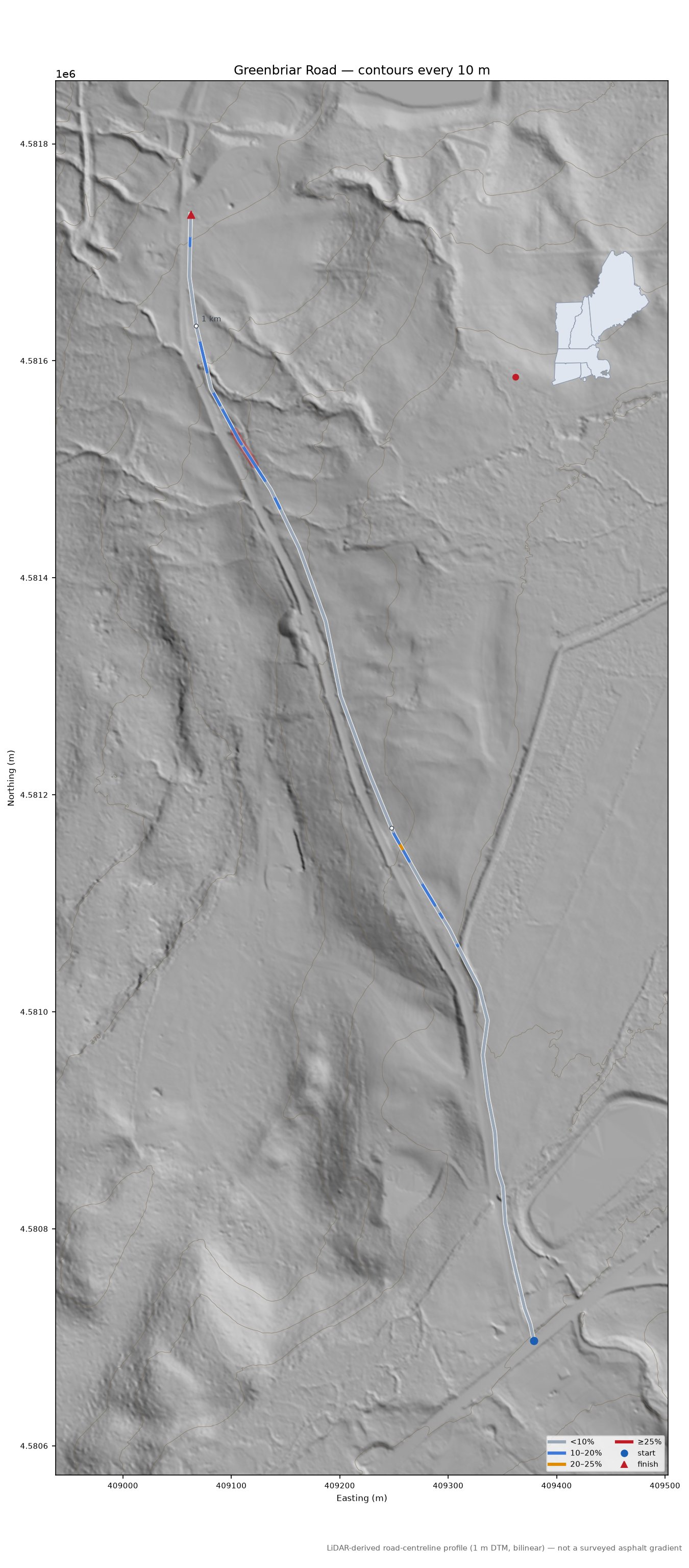 Greenbriar Road LiDAR hillshade map with contours