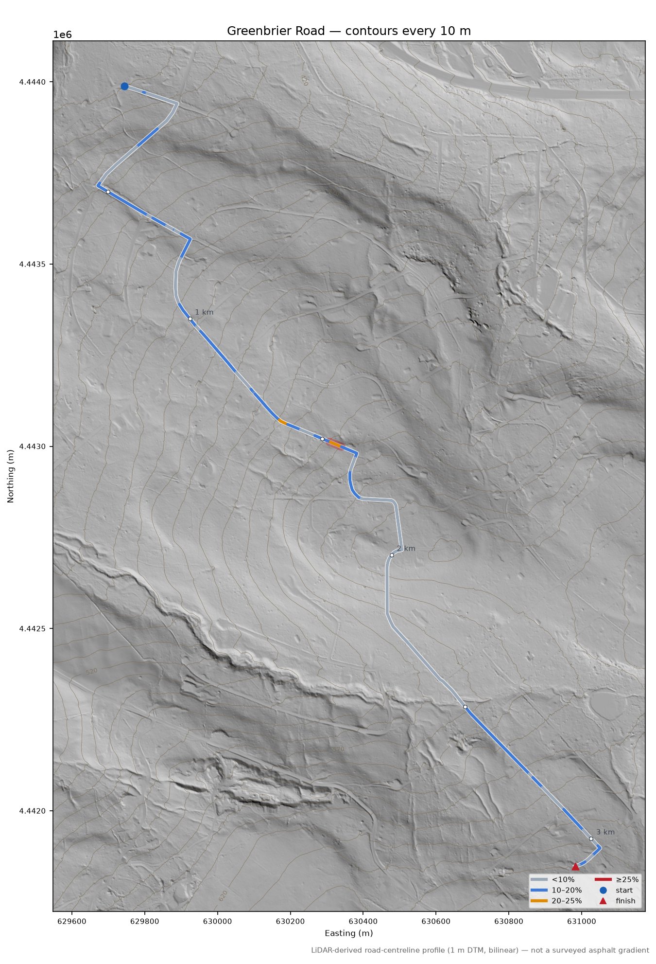Greenbrier Road LiDAR hillshade map with contours