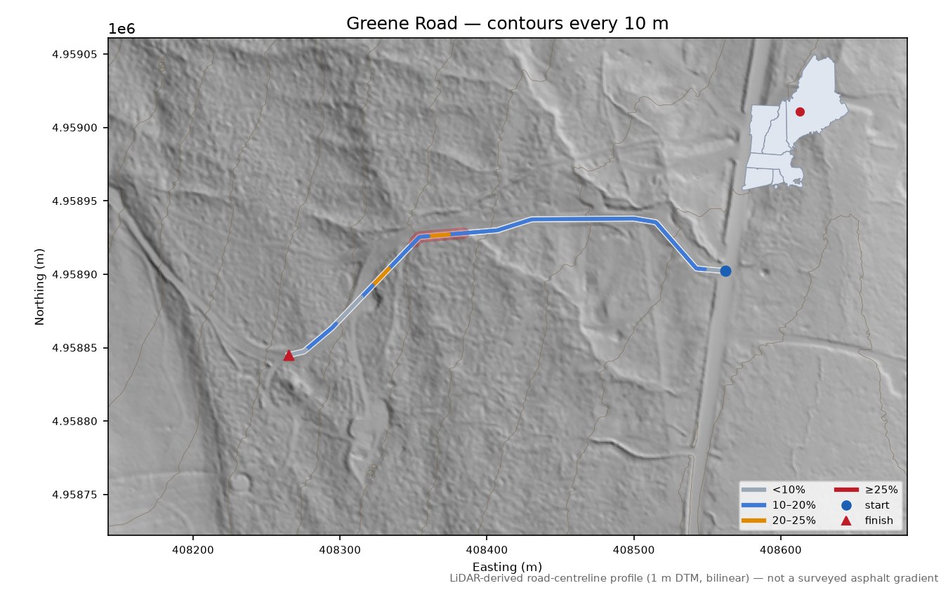 Greene Road LiDAR hillshade map with contours