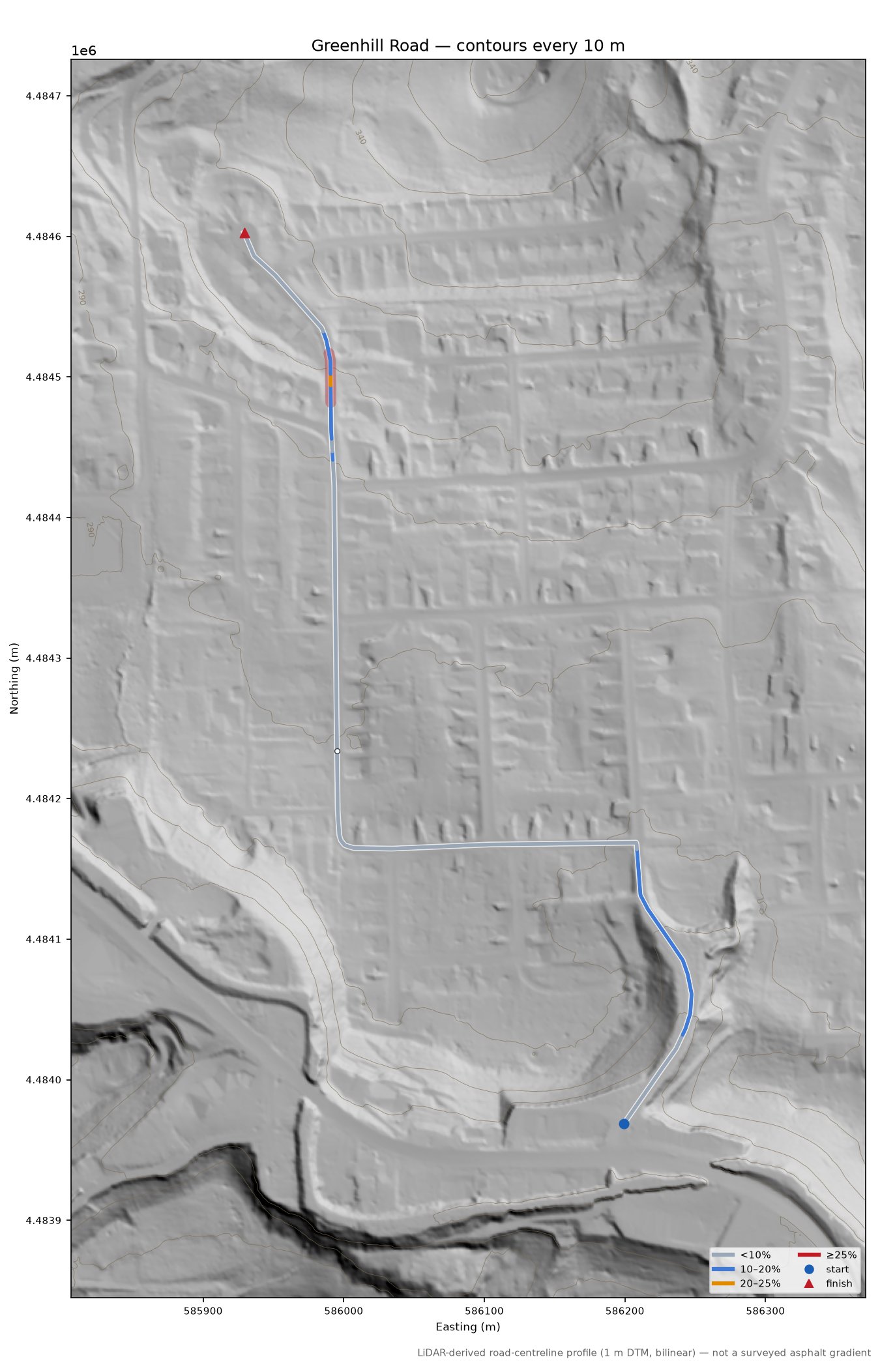 Greenhill Road LiDAR hillshade map with contours