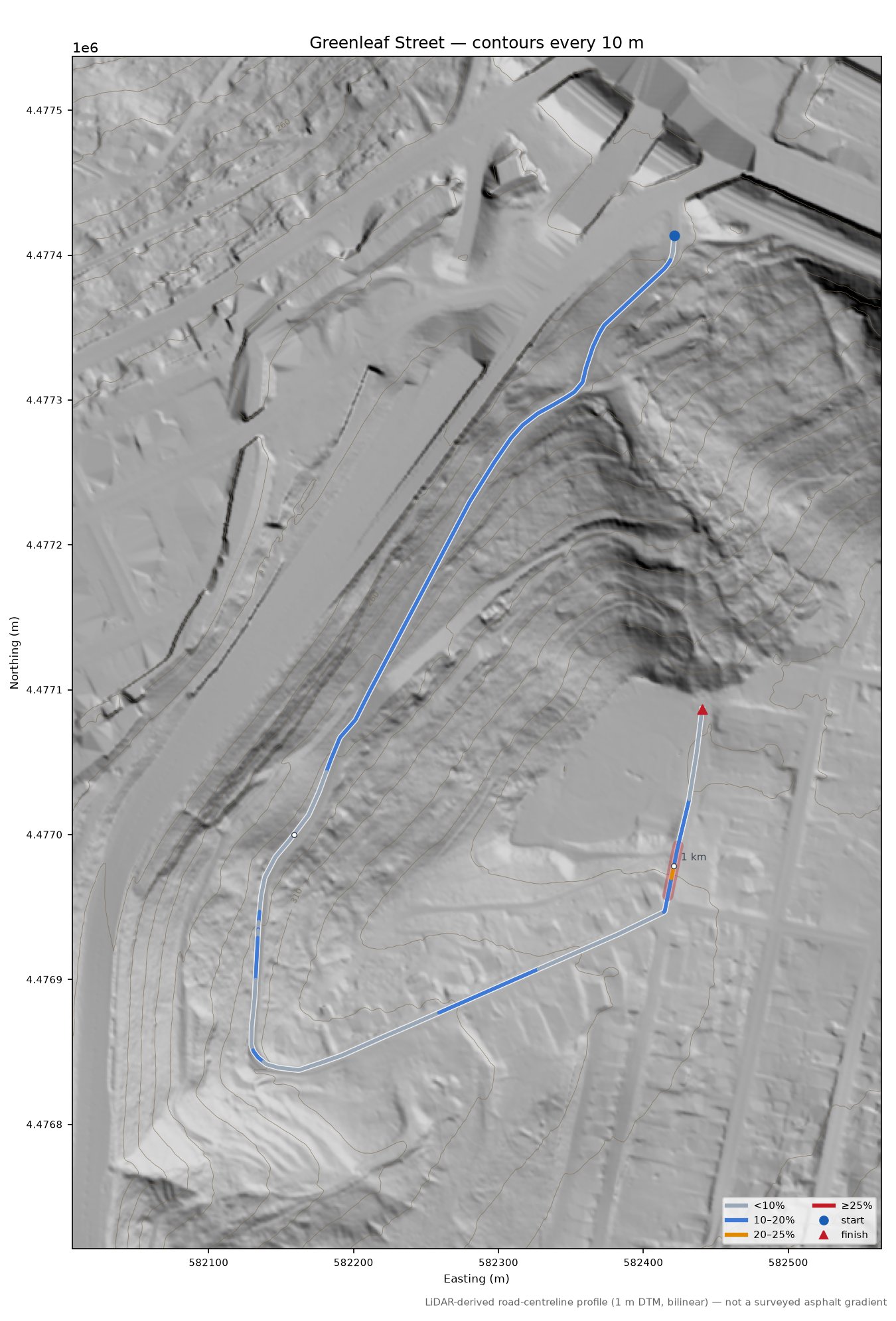 Greenleaf Street LiDAR hillshade map with contours