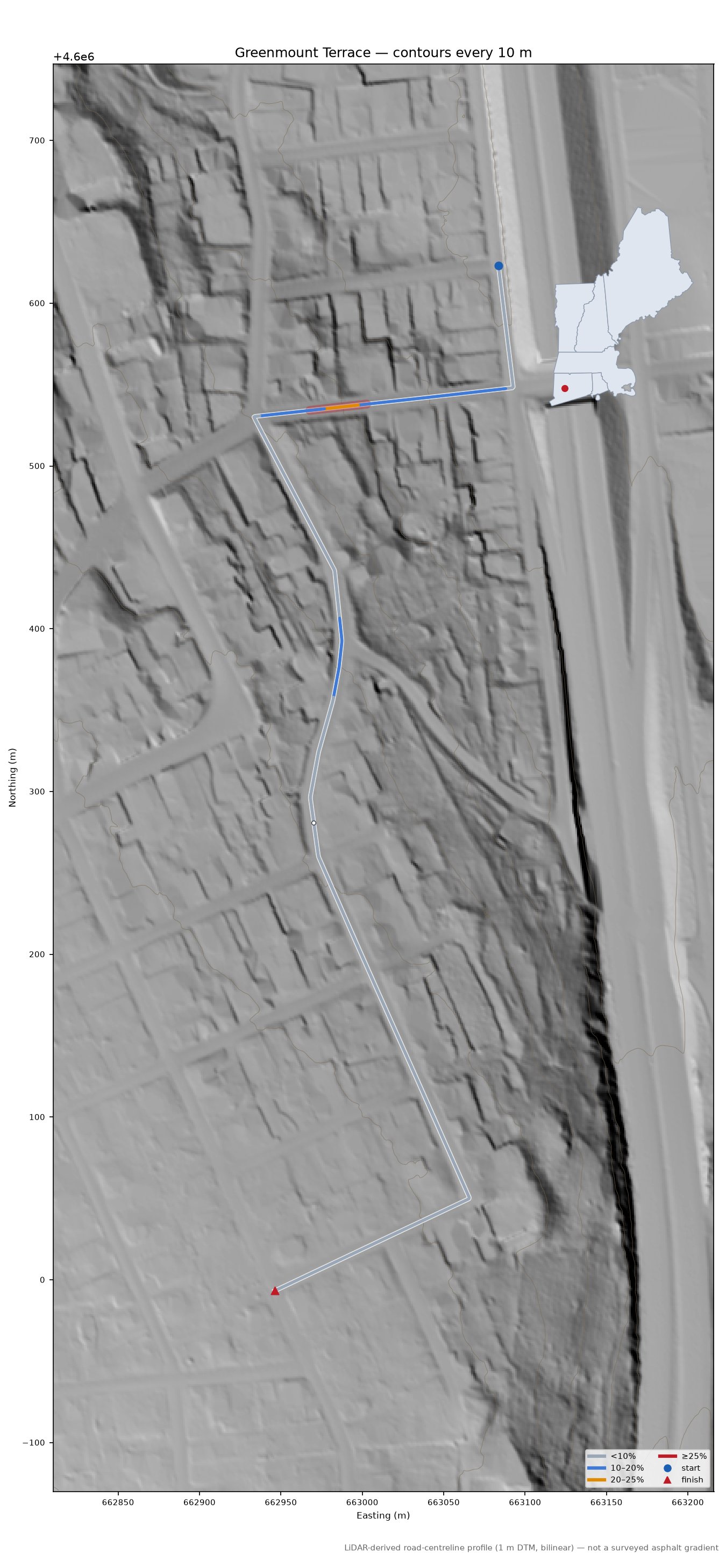 Greenmount Terrace LiDAR hillshade map with contours