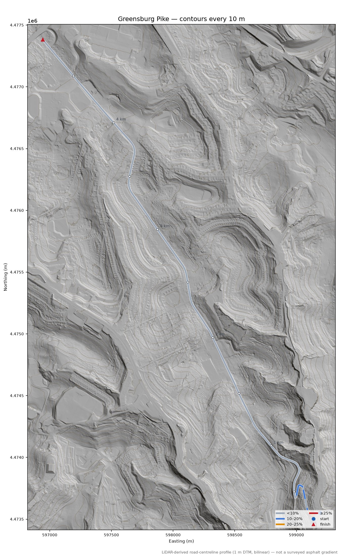 Greensburg Pike LiDAR hillshade map with contours