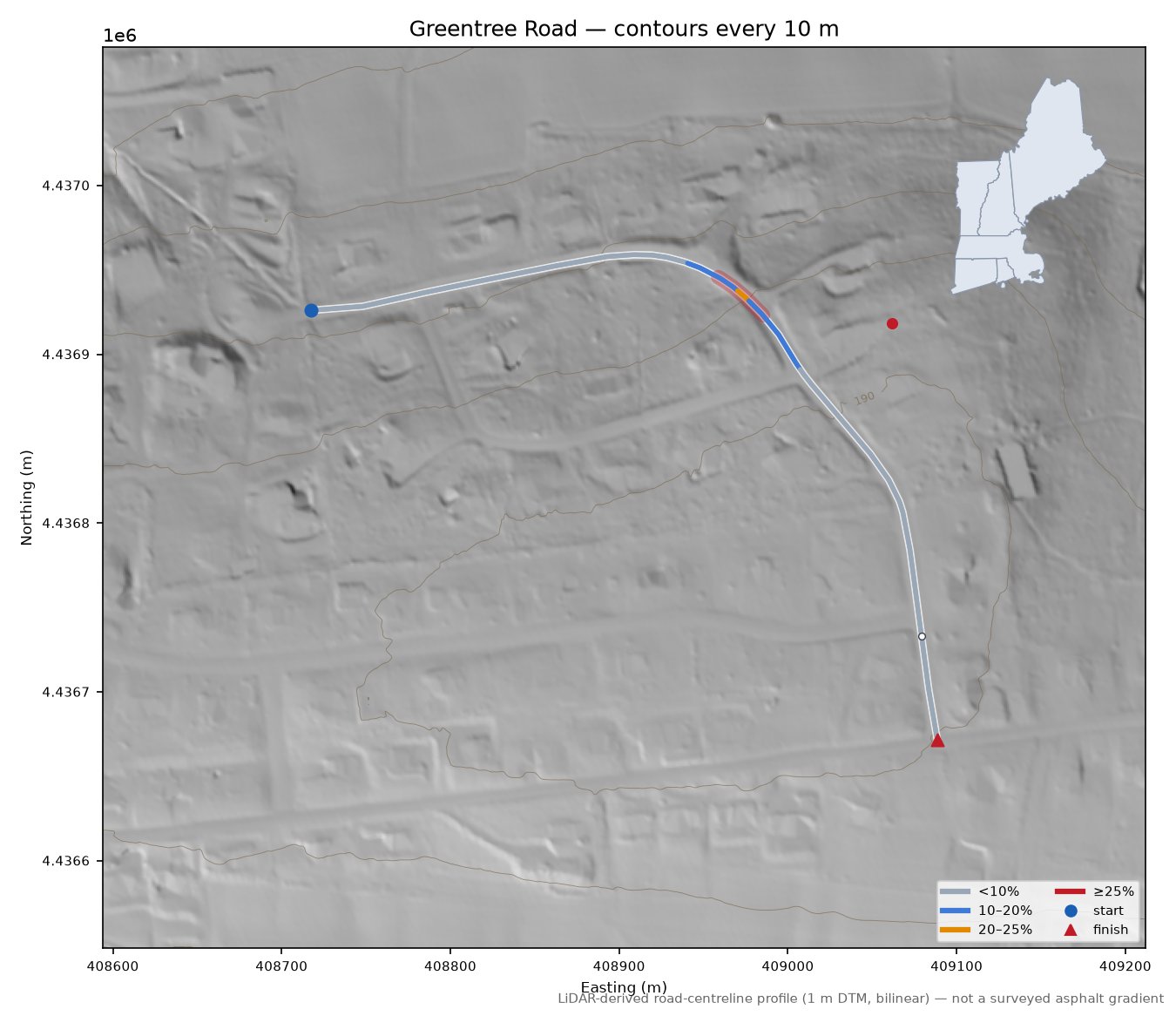 Greentree Road LiDAR hillshade map with contours