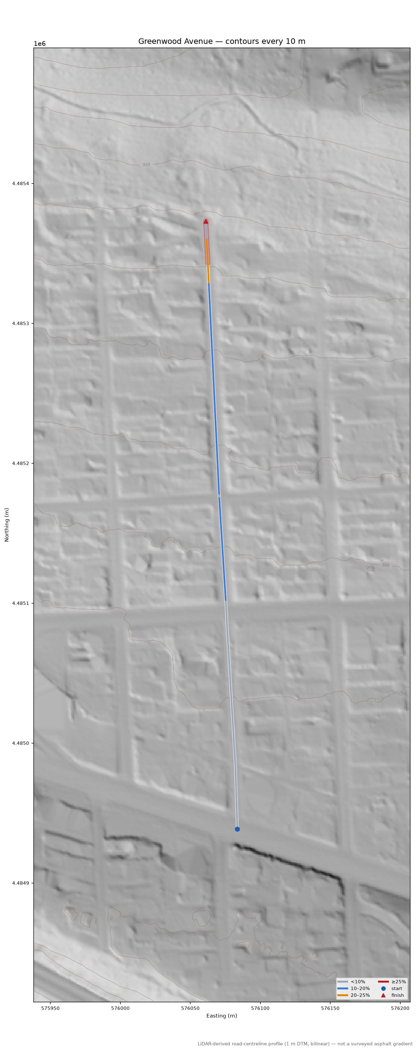 Greenwood Avenue LiDAR hillshade map with contours