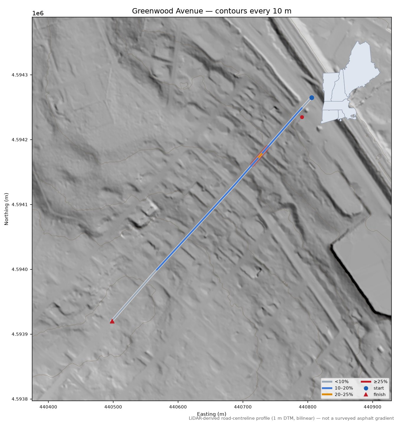 Greenwood Avenue LiDAR hillshade map with contours