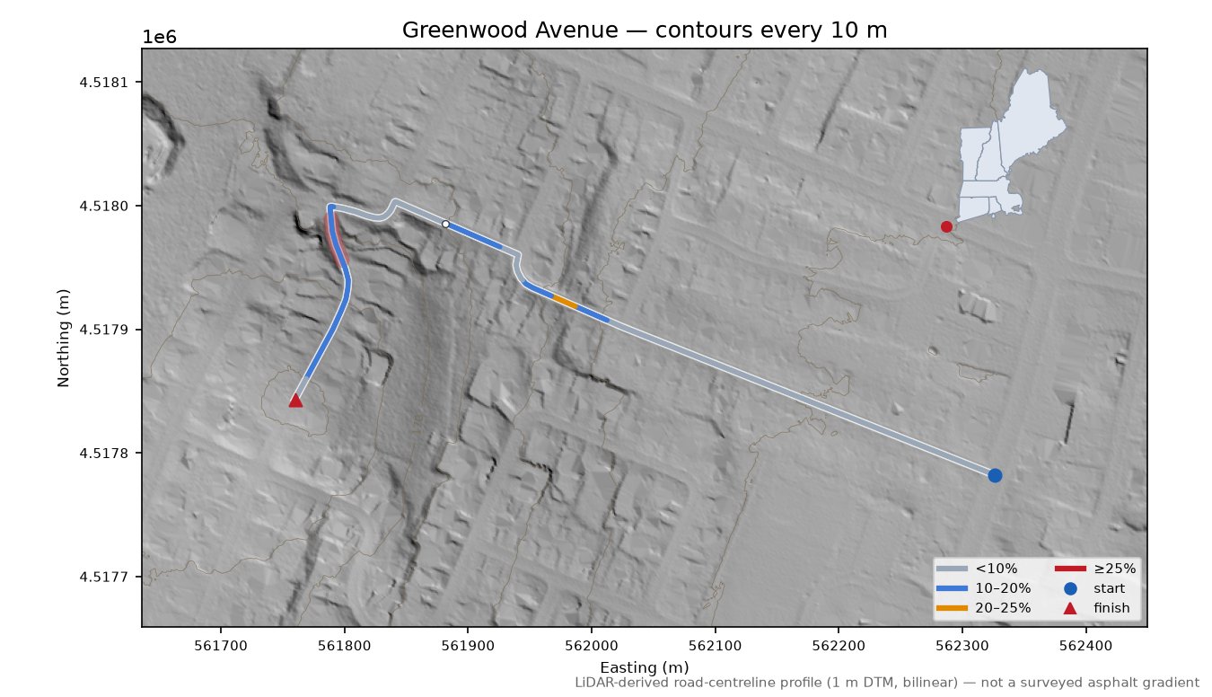 Greenwood Avenue LiDAR hillshade map with contours