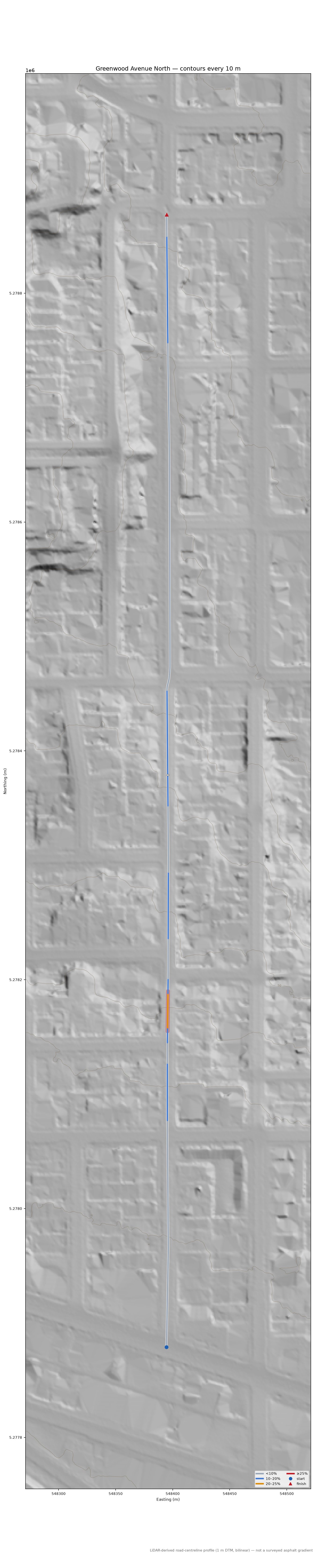 Greenwood Avenue North LiDAR hillshade map with contours