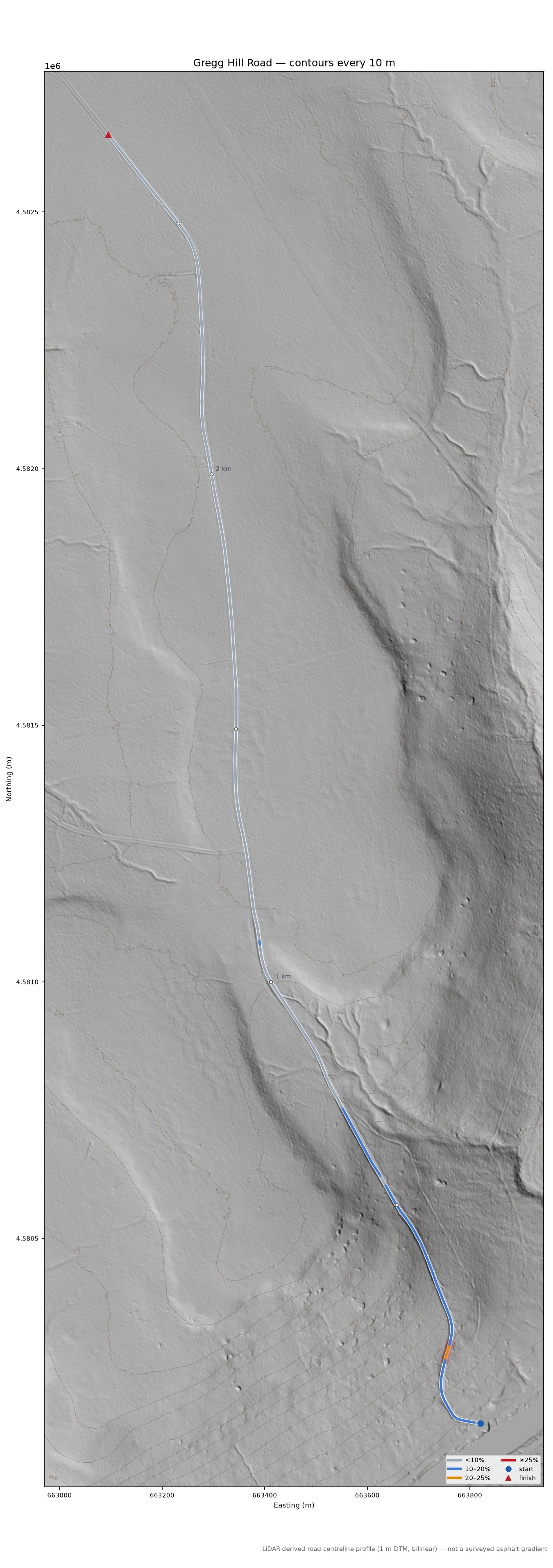 Gregg Hill Road LiDAR hillshade map with contours
