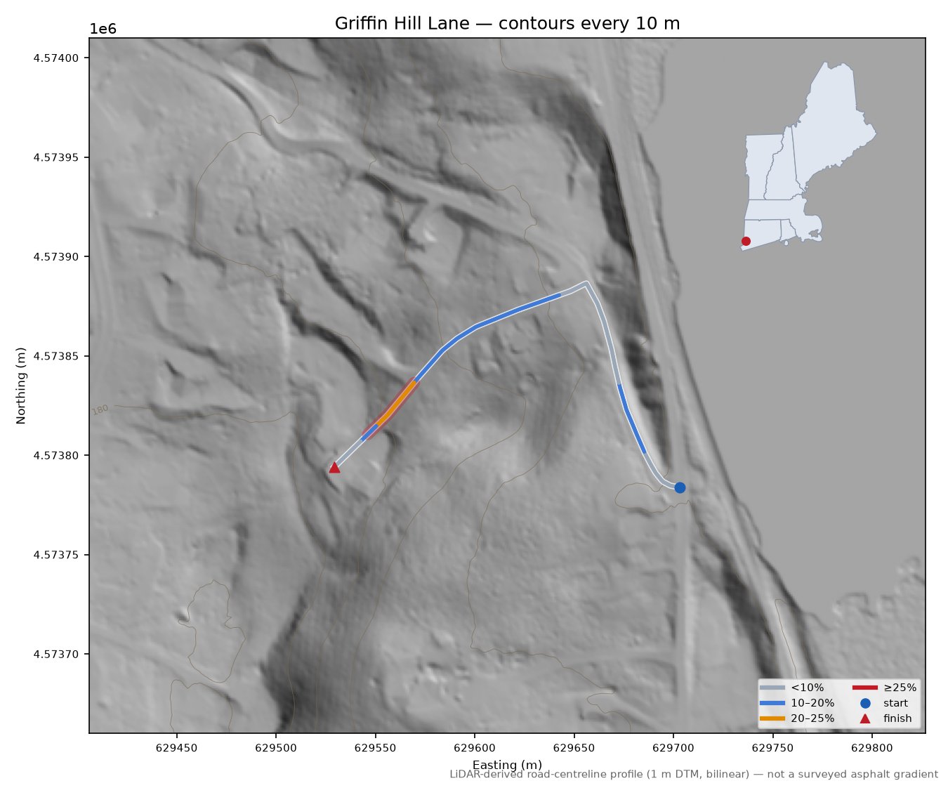 Griffin Hill Lane LiDAR hillshade map with contours