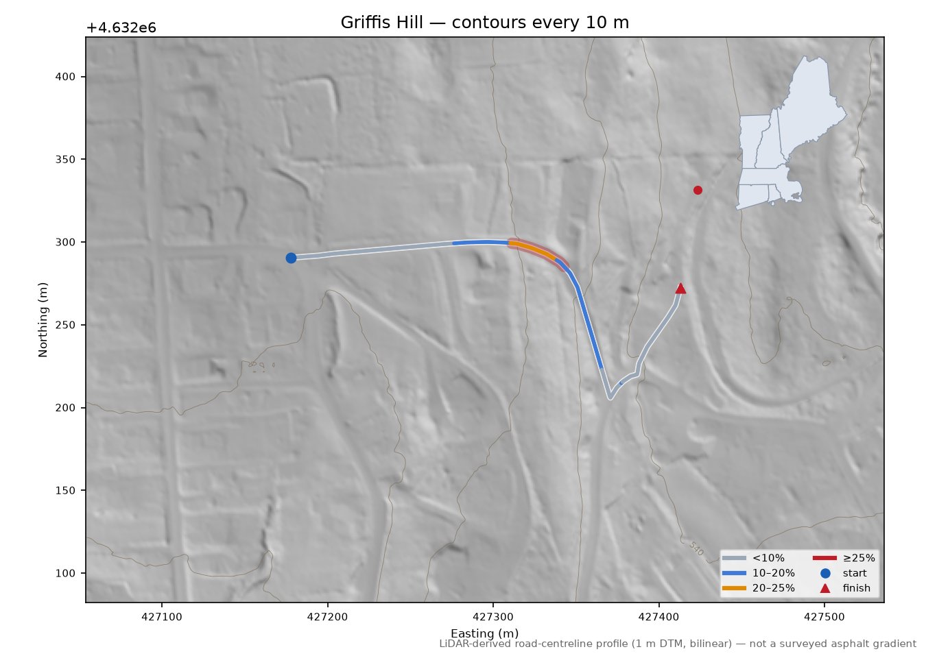 Griffis Hill LiDAR hillshade map with contours