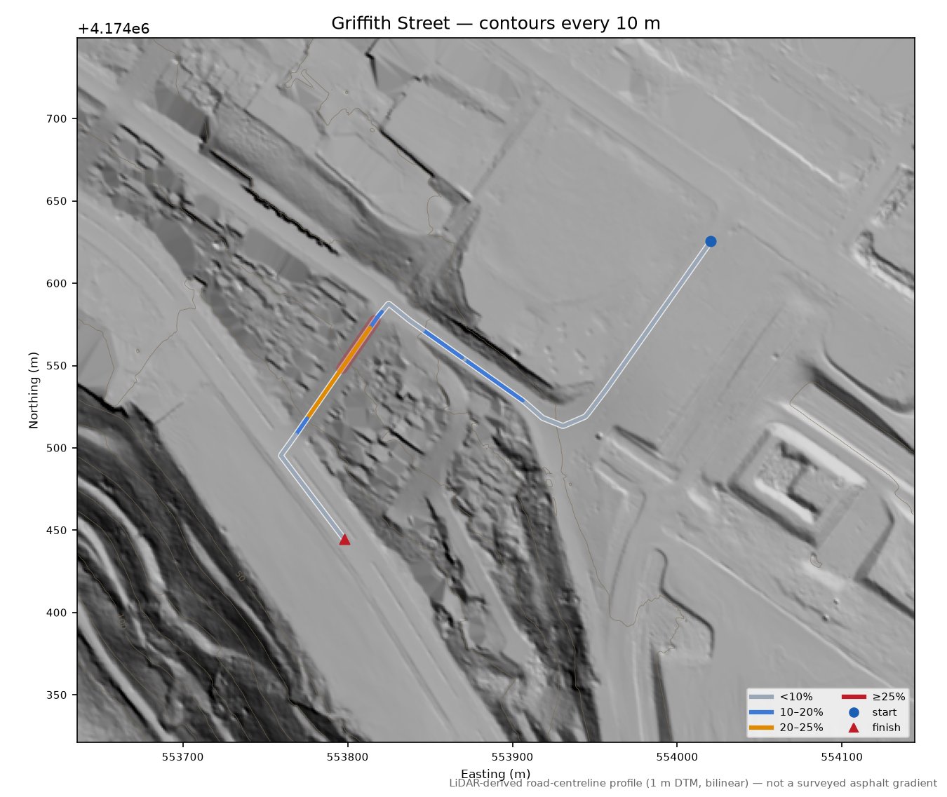 Griffith Street LiDAR hillshade map with contours