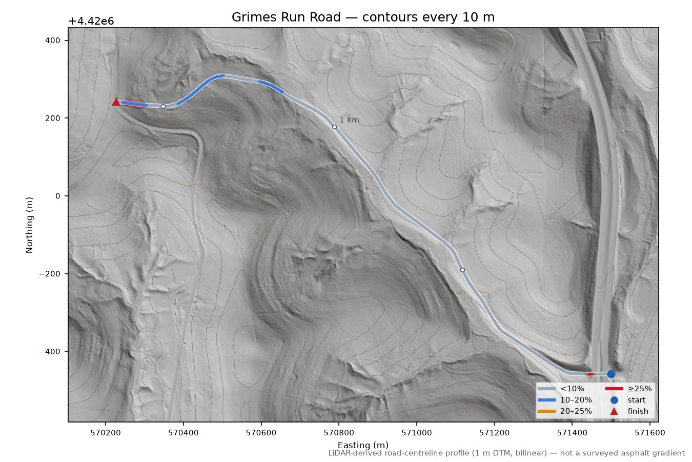 Grimes Run Road LiDAR hillshade map with contours